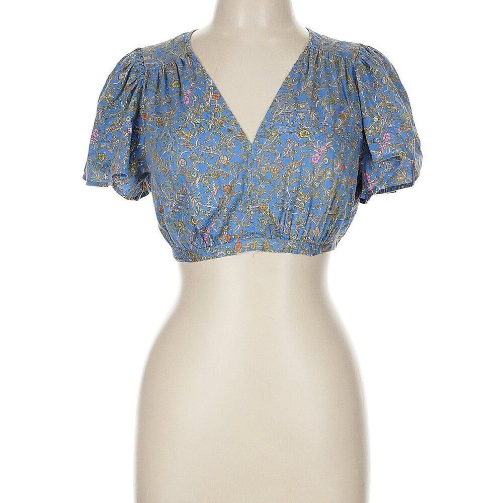 XIRENA Womens M Blue Floral Print Cropped Peasant Blouse Top size M